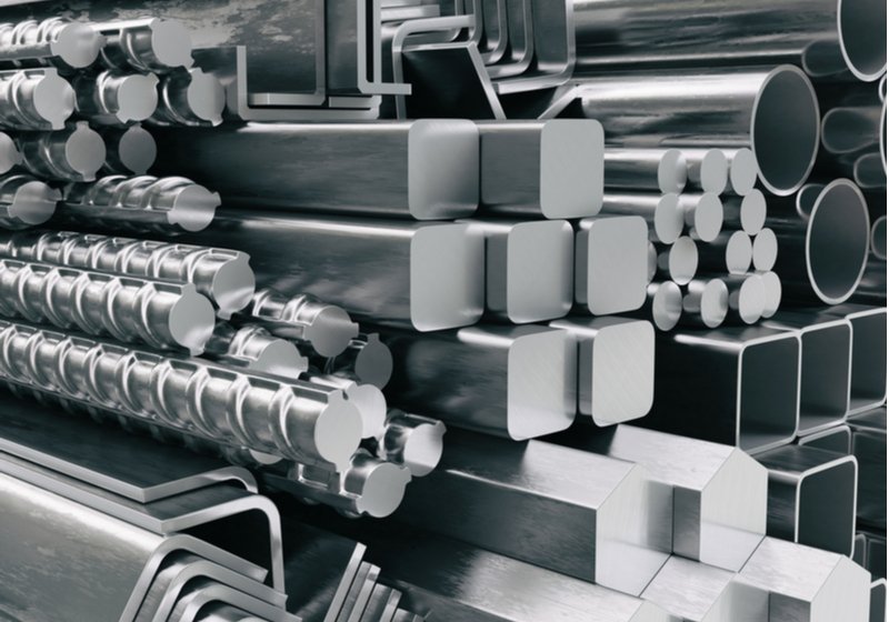 Metal profiles and tubes. Different stainless steel products.